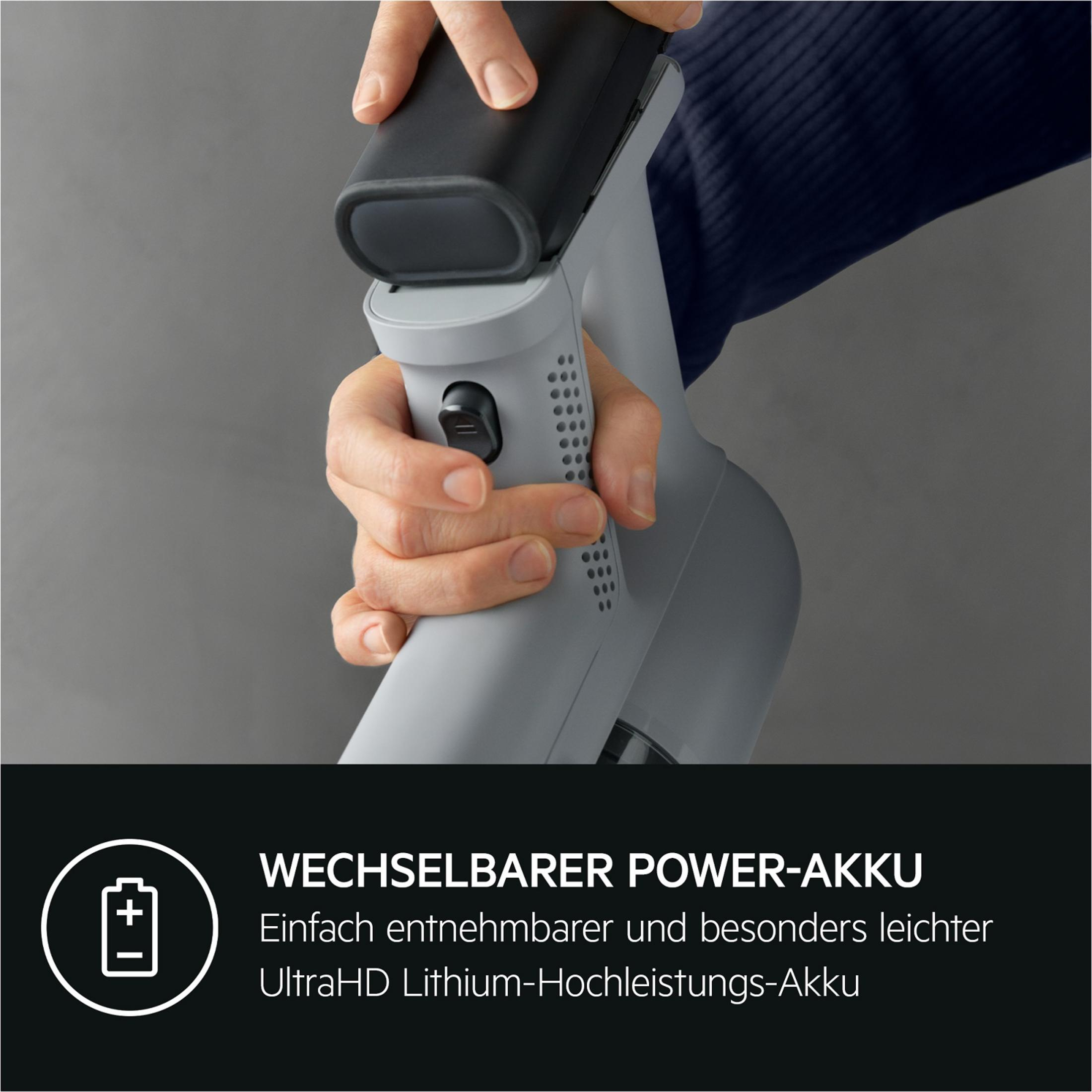Person setzt grauen Akku in Staubsauger ein. Weiße Icons und Text.