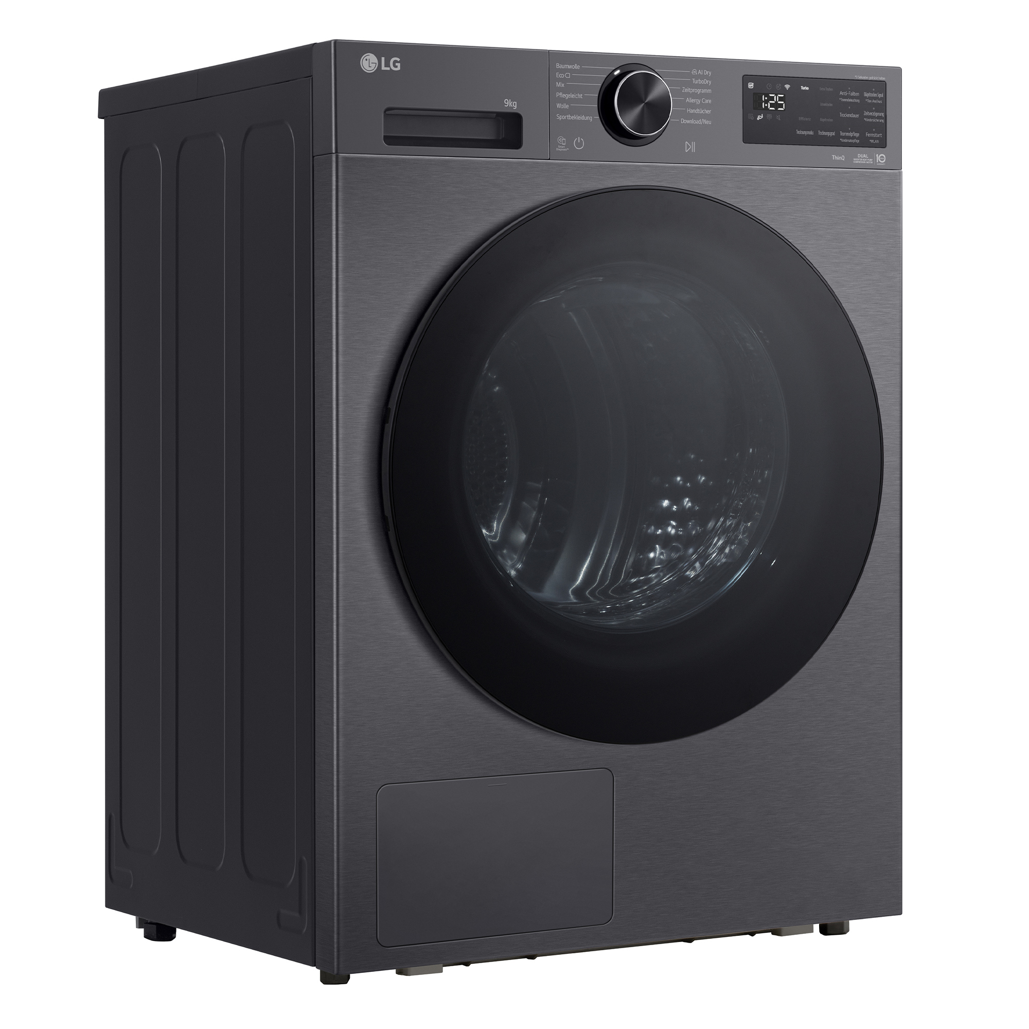 Dunkelgraue LG Waschmaschine mit großem Bullauge und Bedienfeld.