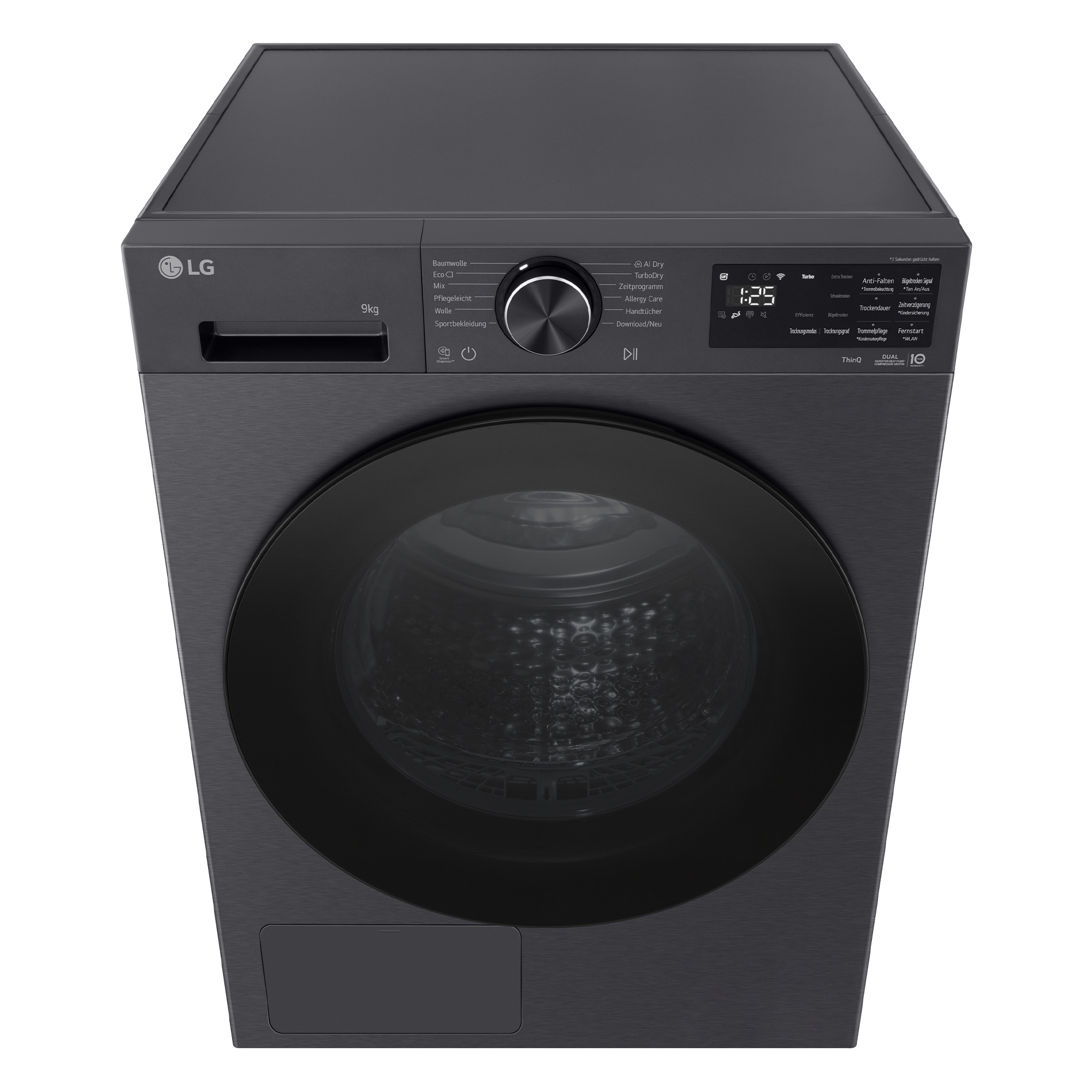 Eine graue LG Waschmaschine mit digitaler Anzeige und Programmwahl.