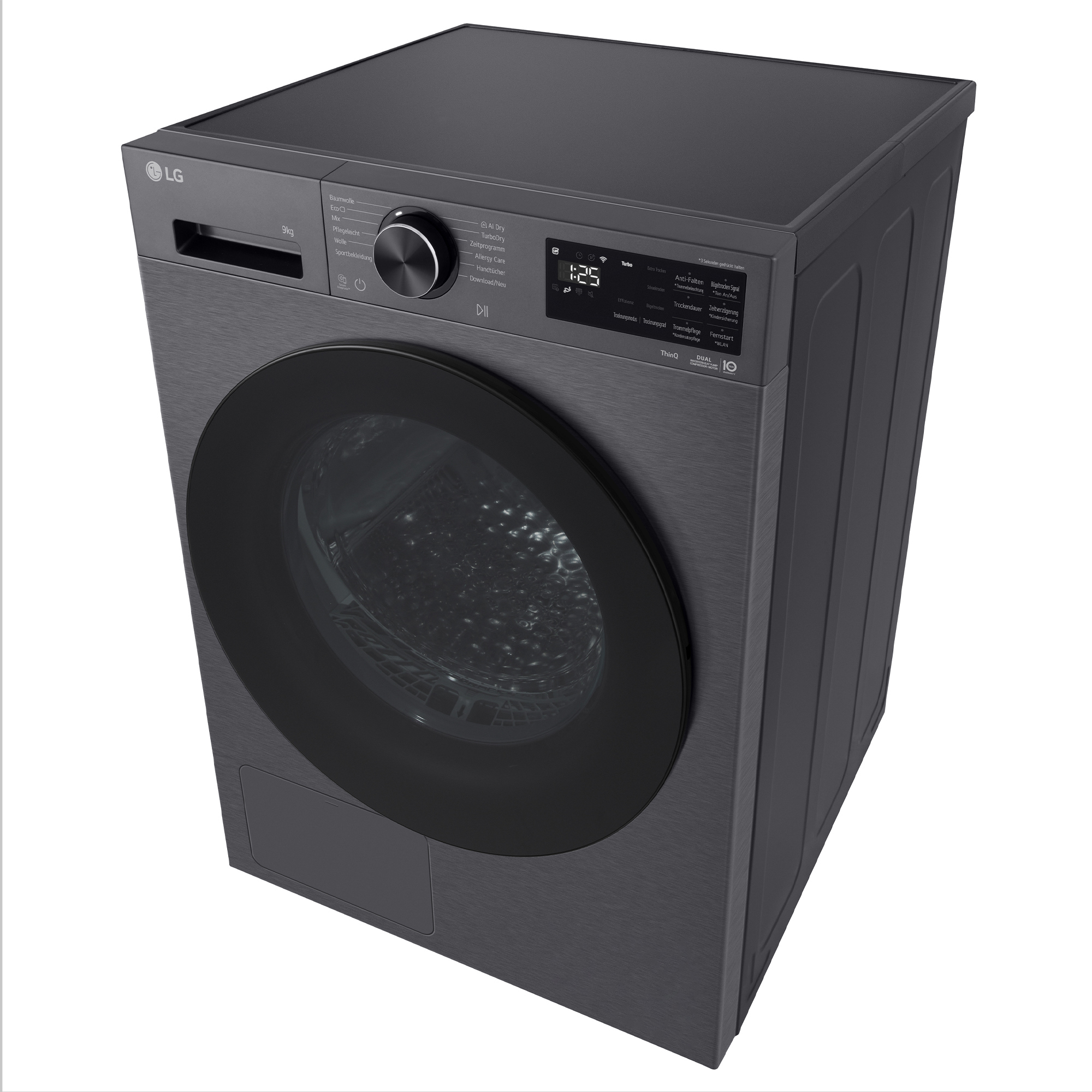 Eine dunkle LG Waschmaschine mit silbernem Bedienfeld und runder schwarzer Tür.