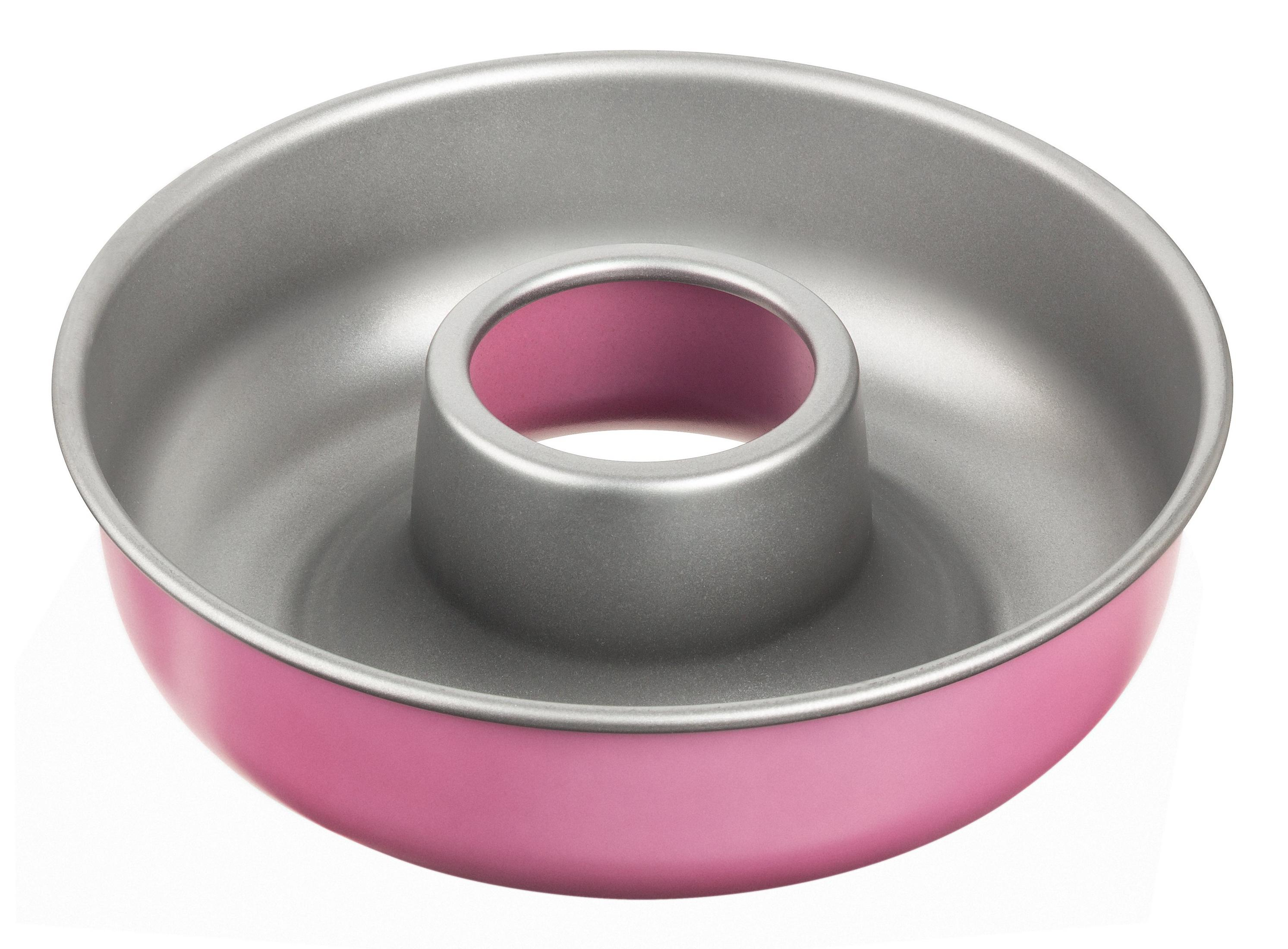 Eine runde Gugelhupfform aus Metall mit rosa Außenseite und silberner Innenseite.