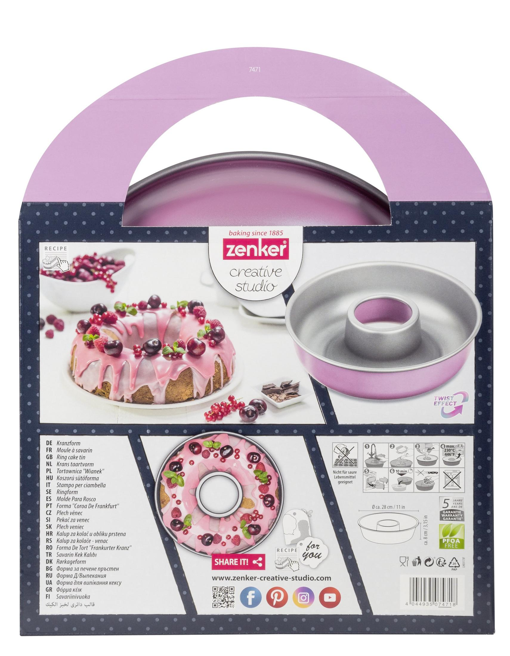 Zenker Kranzform mit Kuchen und Beeren, sowie Details zur Anwendung.