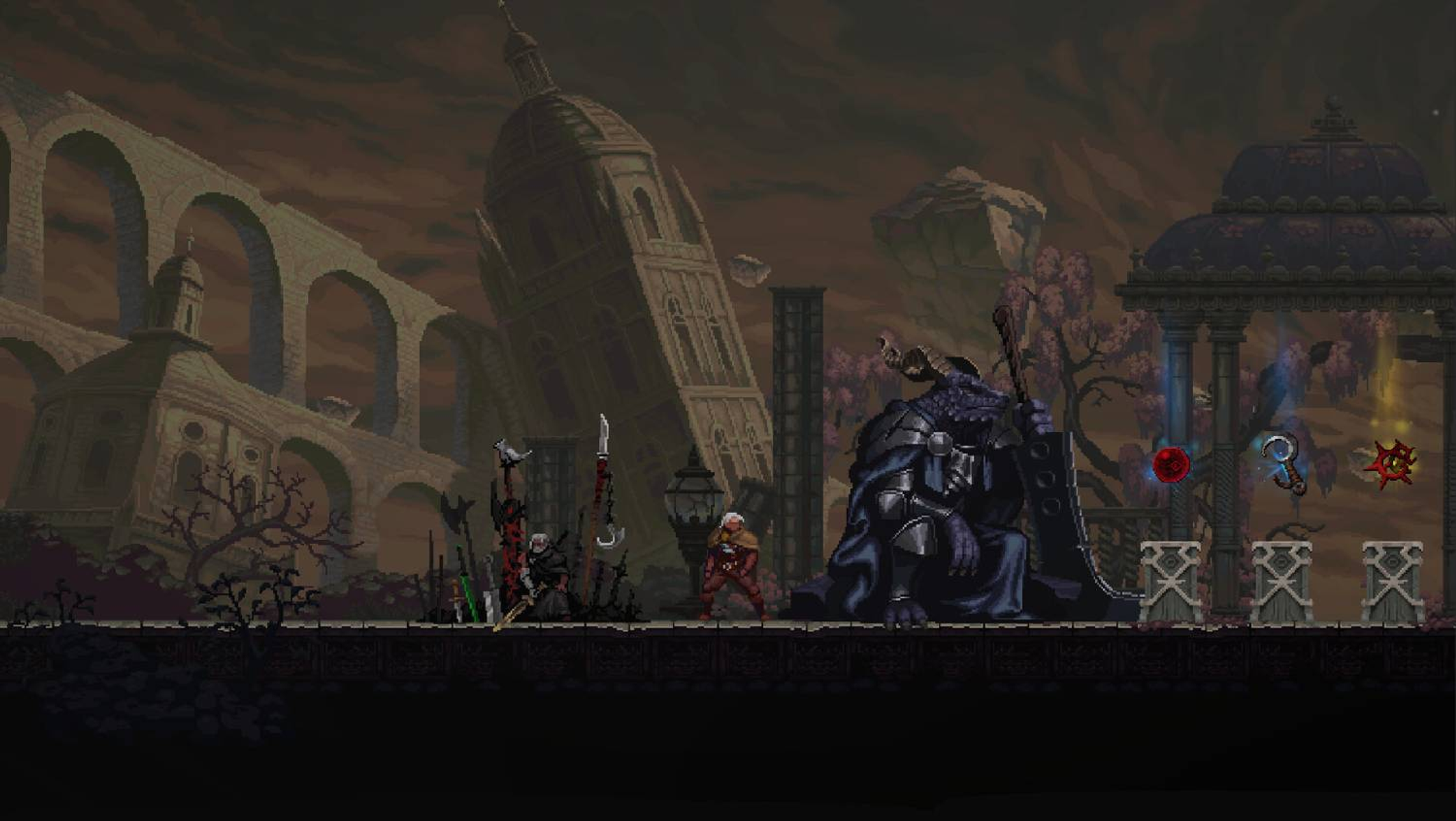 Scena pixel art con rovine oscure e nebbiose, guerrieri e figura simile a un drago.