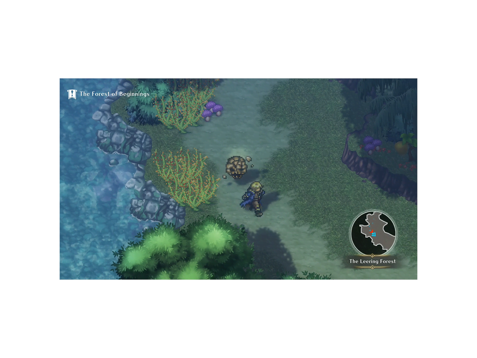 Escena de pixel art con personaje junto al agua, bosque y minimapa.