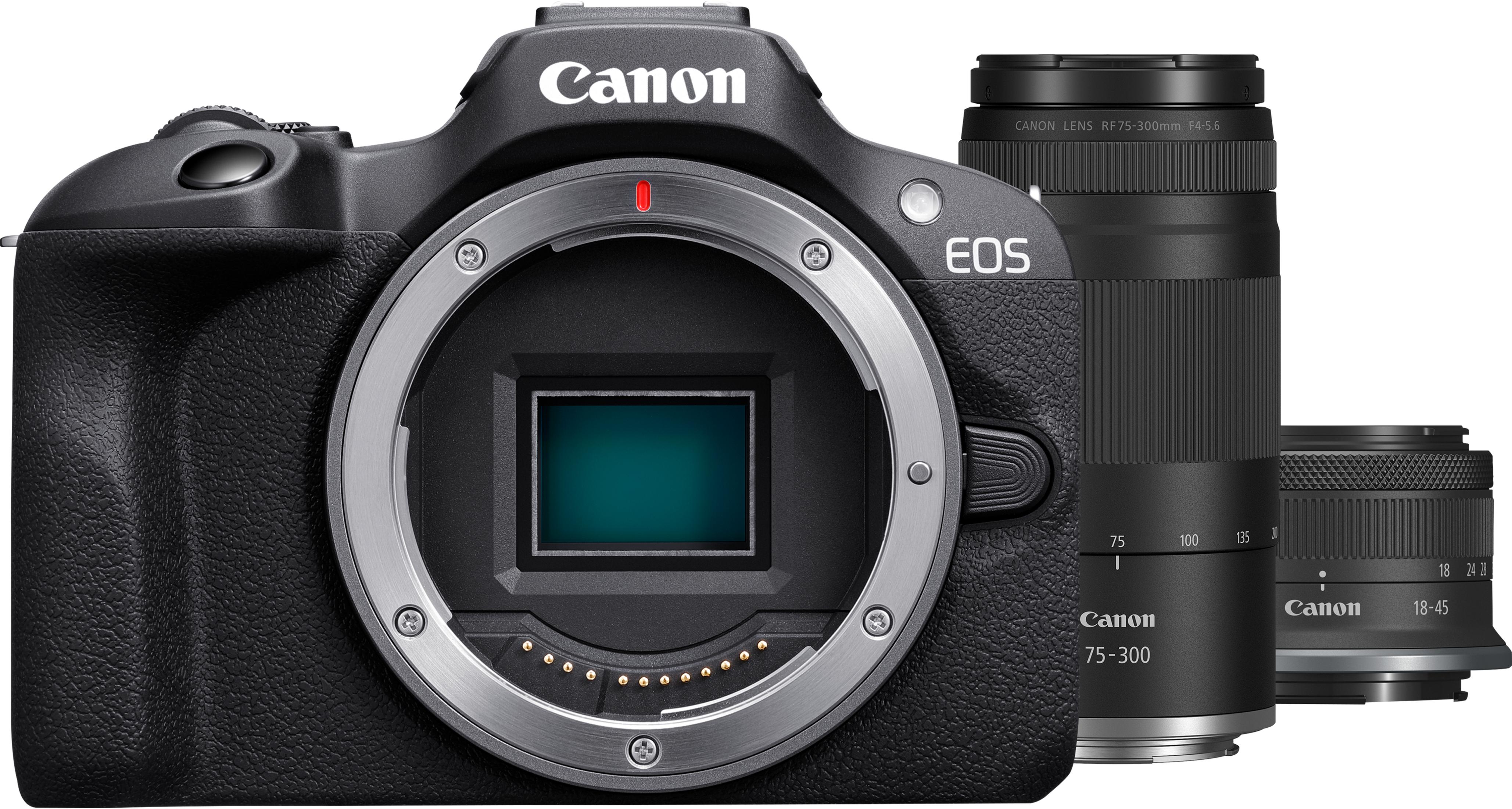 Canon EOS Kamera mit zwei Objektiven: 75-300mm und 18-45mm.