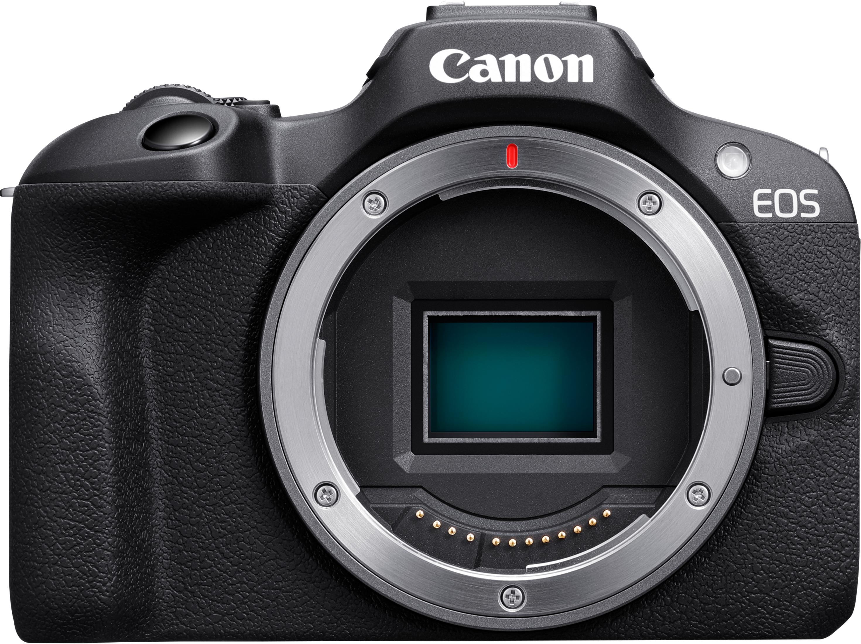 Schwarze Canon EOS Kamera mit Objektivhalterung und Sensor.