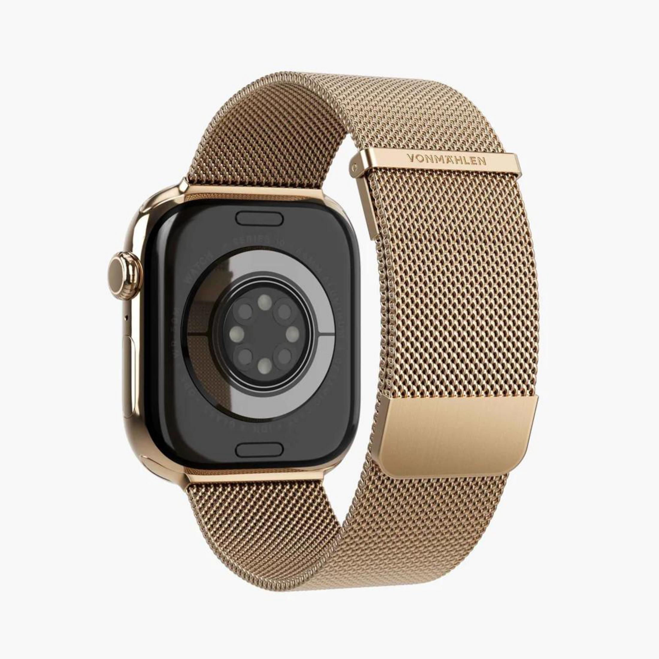 Goldene Smartwatch mit Milanaise-Armband und Lünette.