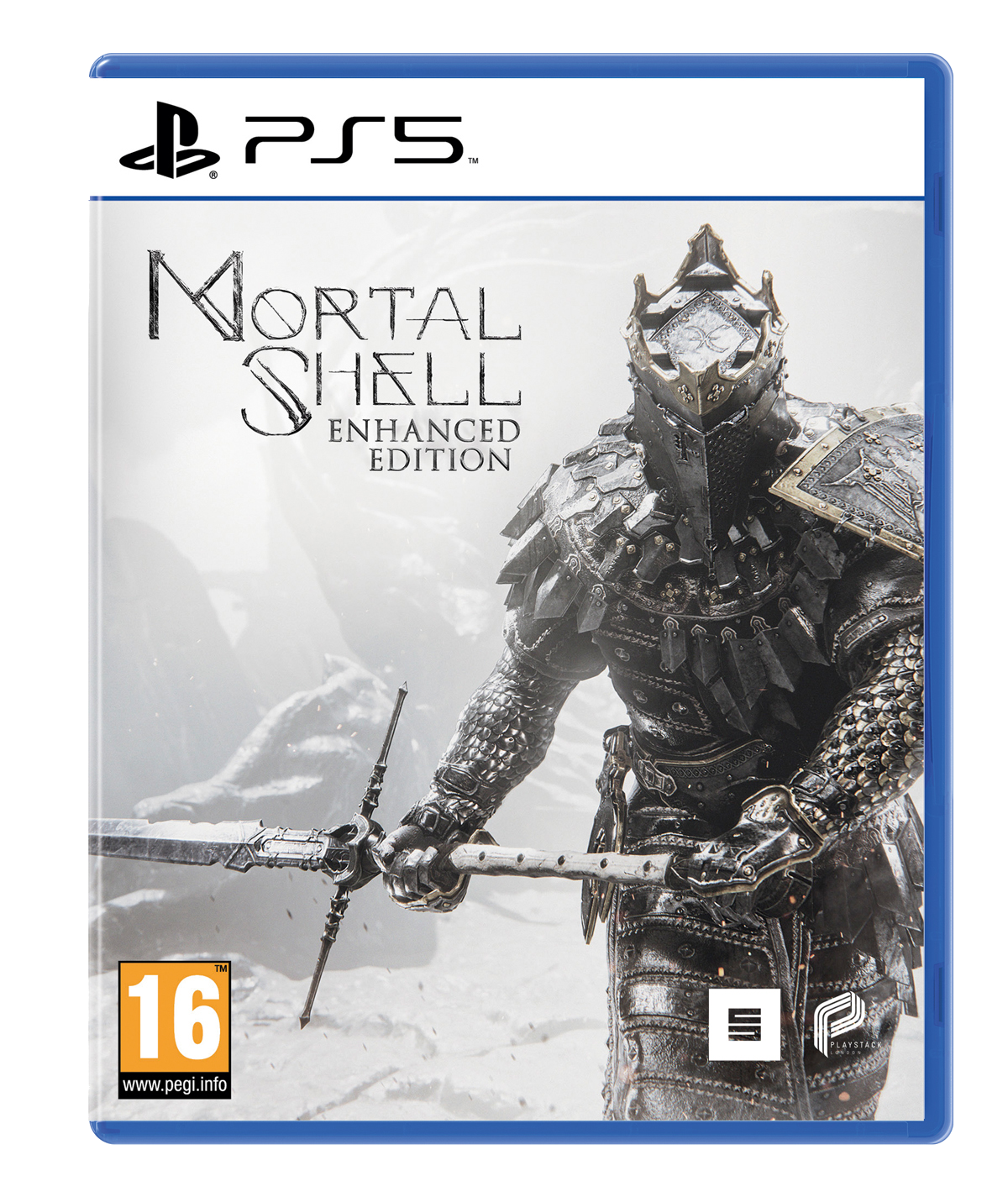 Gioco PS5 "Mortal Shell Enhanced Edition" con uomo corazzato e spada.