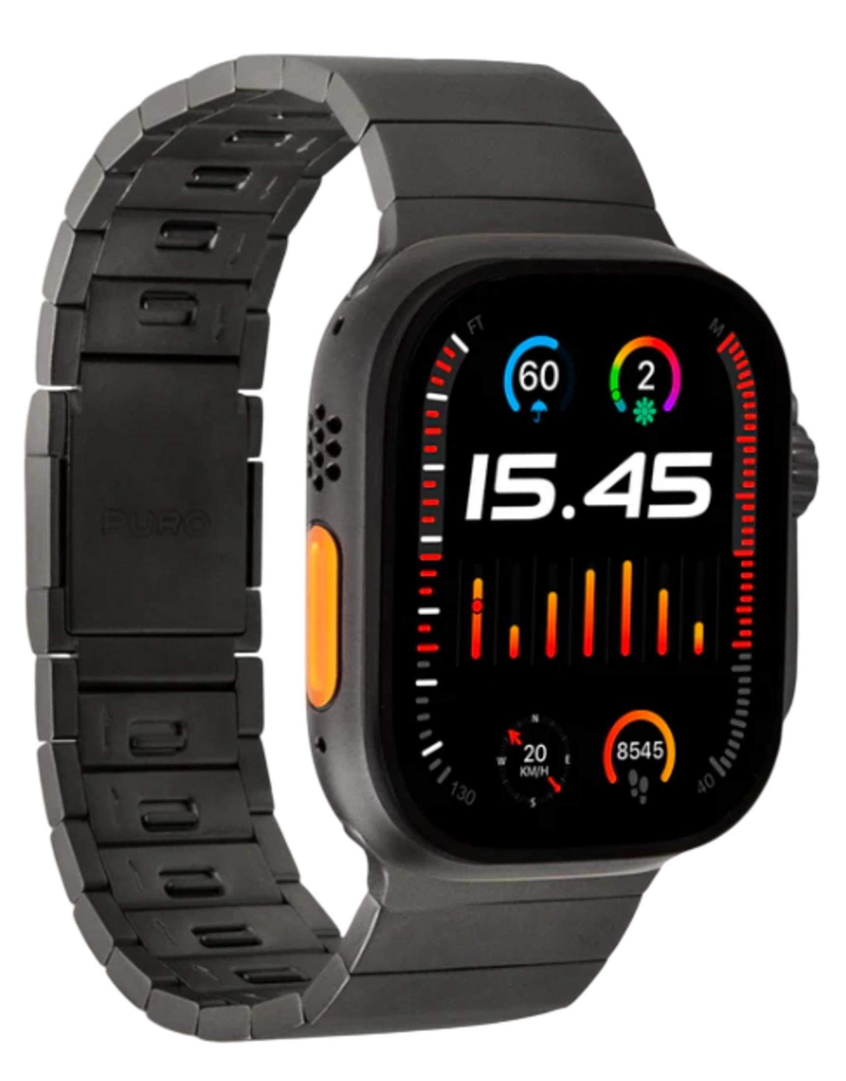 Eine schwarze Smartwatch mit einem farbigen Zifferblatt, das Zeit und Daten anzeigt.