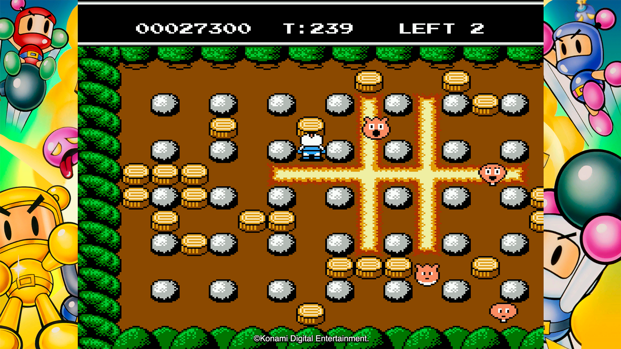 Gioco in pixel art: Bomberman con monete e nemici su campo marrone.