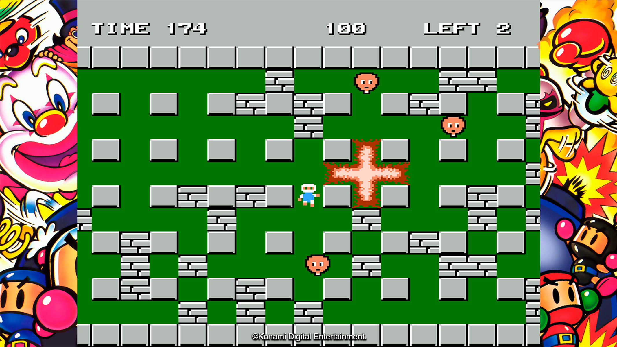 Gioco Bomberman con esplosione, clown e personaggi dei cartoni animati.
