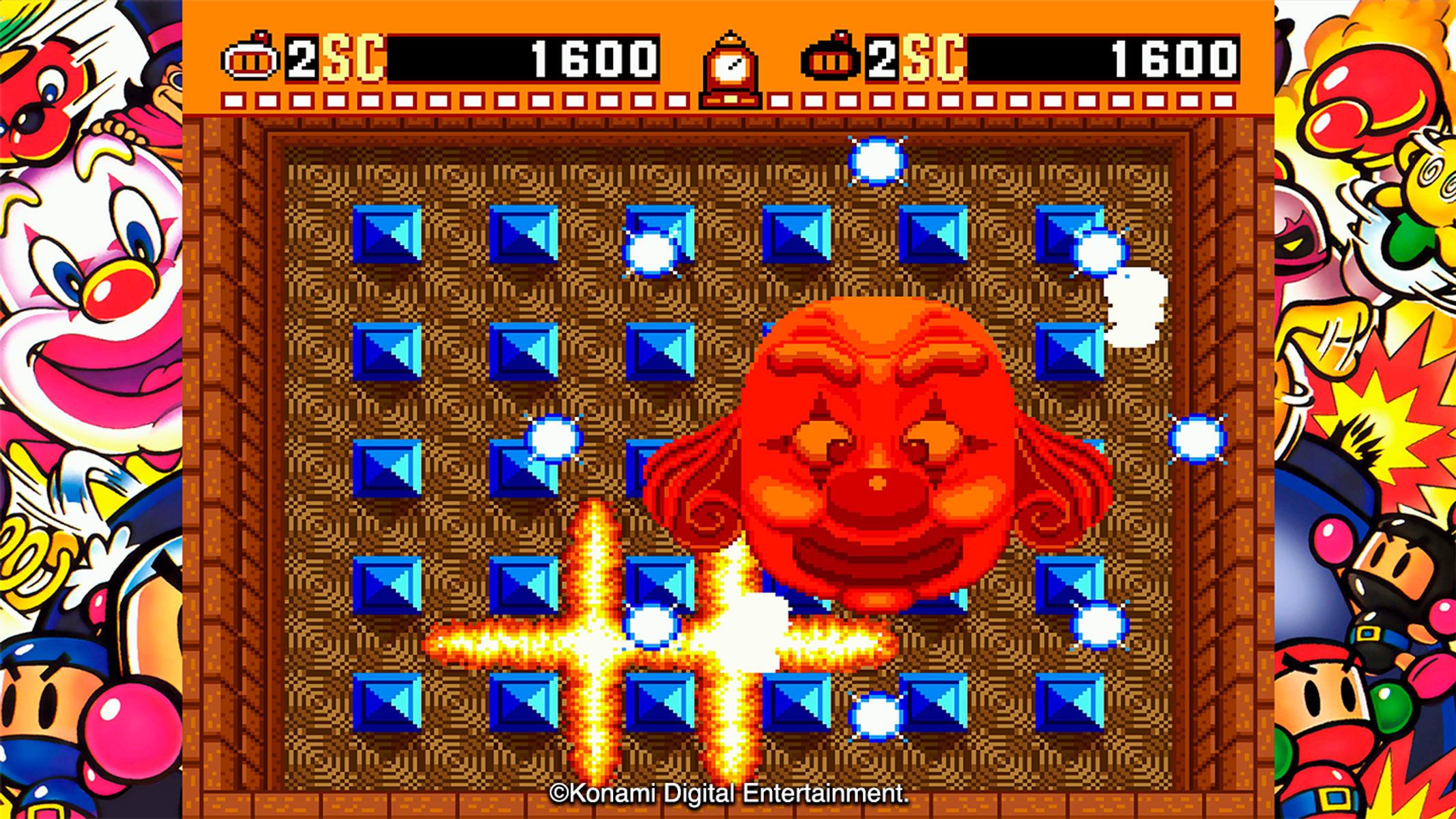 Gioco pixelato con nemico clown rosso, blocchi blu ed esplosioni di fuoco.