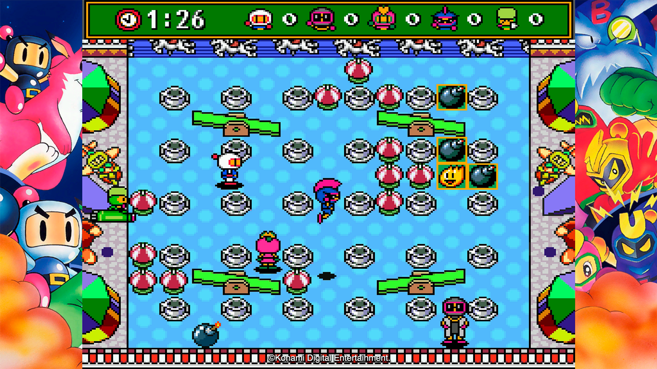 Gioco Bomberman con personaggi, bombe e ostacoli su griglia blu.