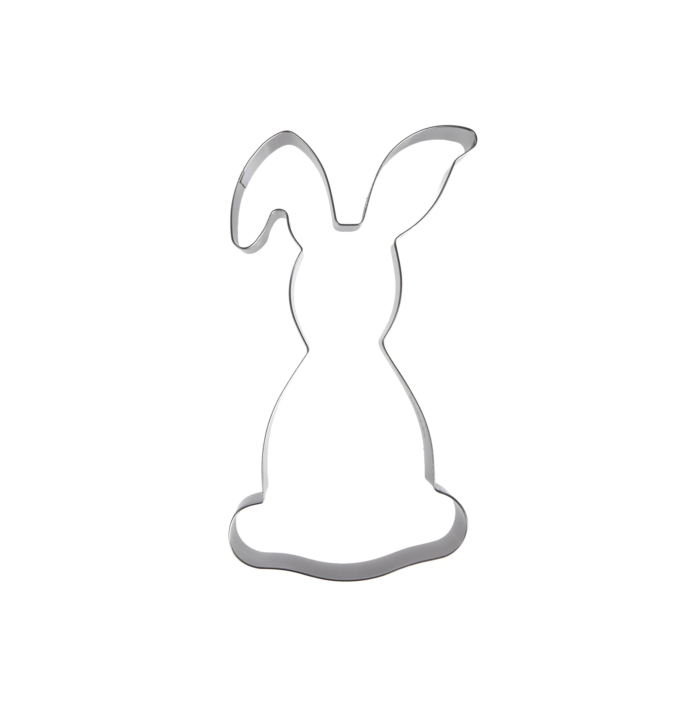 Ein metallischer Osterhase-Ausstecher auf weißem Hintergrund.