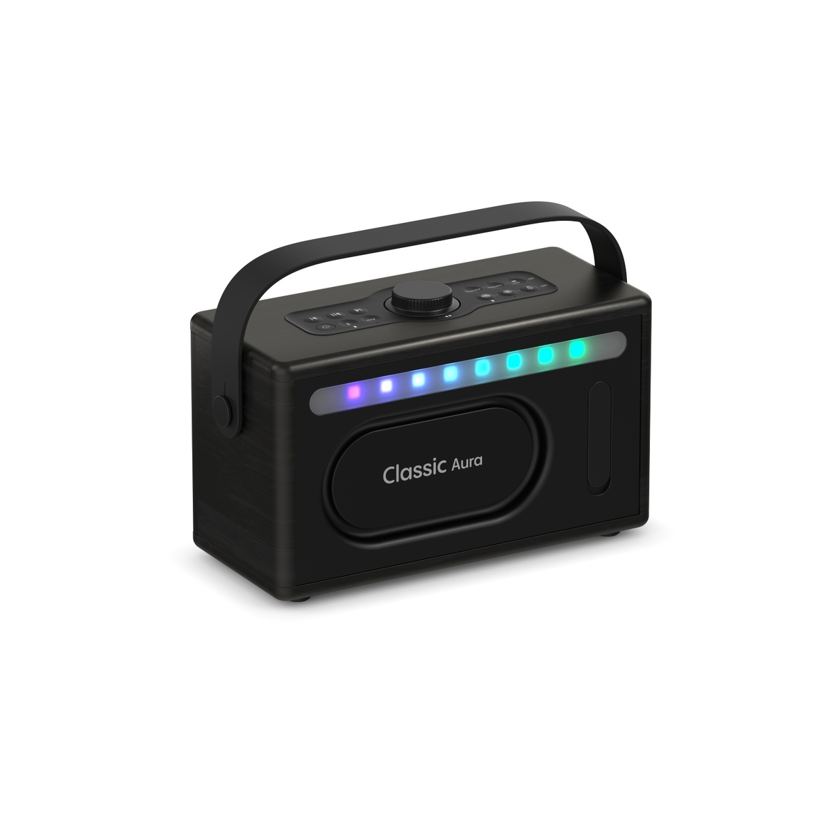 Altoparlante portatile nero con maniglia, manopole e luci colorate.