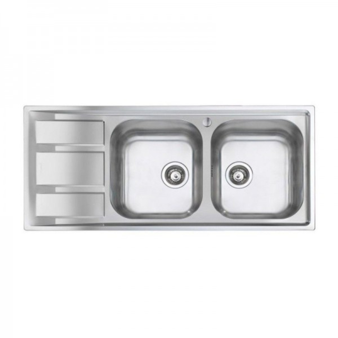 Lavello doppio in acciaio inox con scolapiatti e tre scomparti.