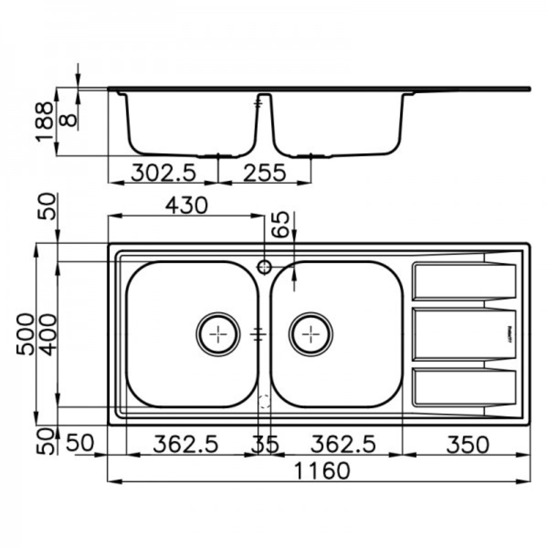 Disegno tecnico di un doppio lavello con area di scolo e dimensioni.