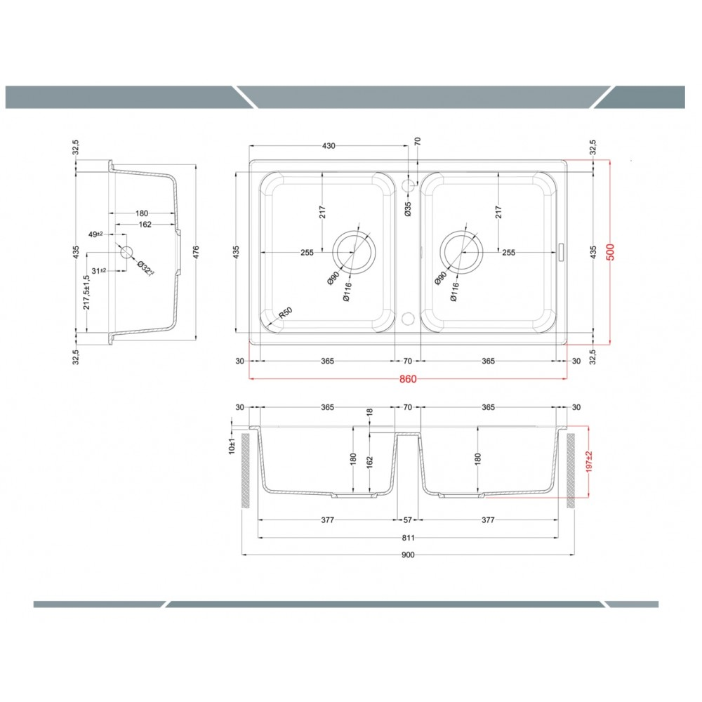 Disegno tecnico di un lavello doppio con dimensioni e viste.
