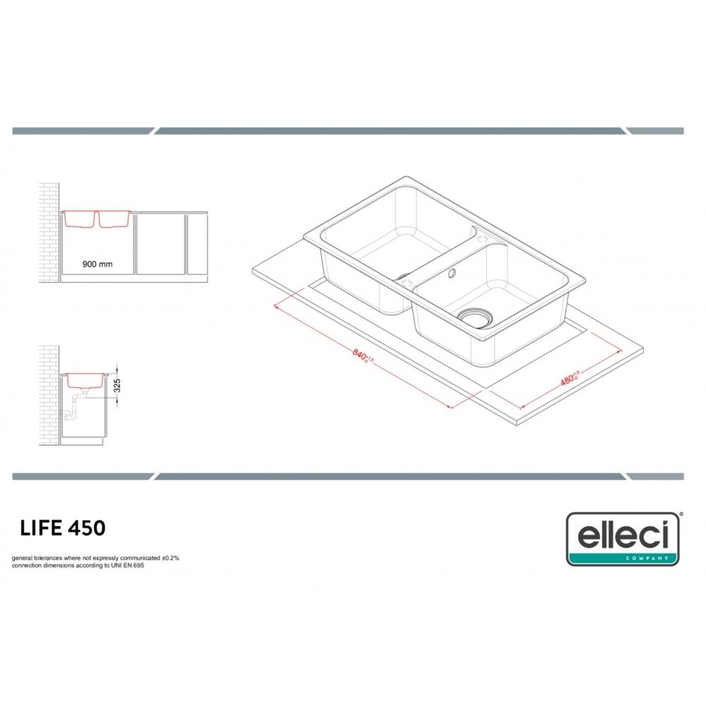 Disegno tecnico di un lavello doppio con dimensioni e dettagli di installazione.