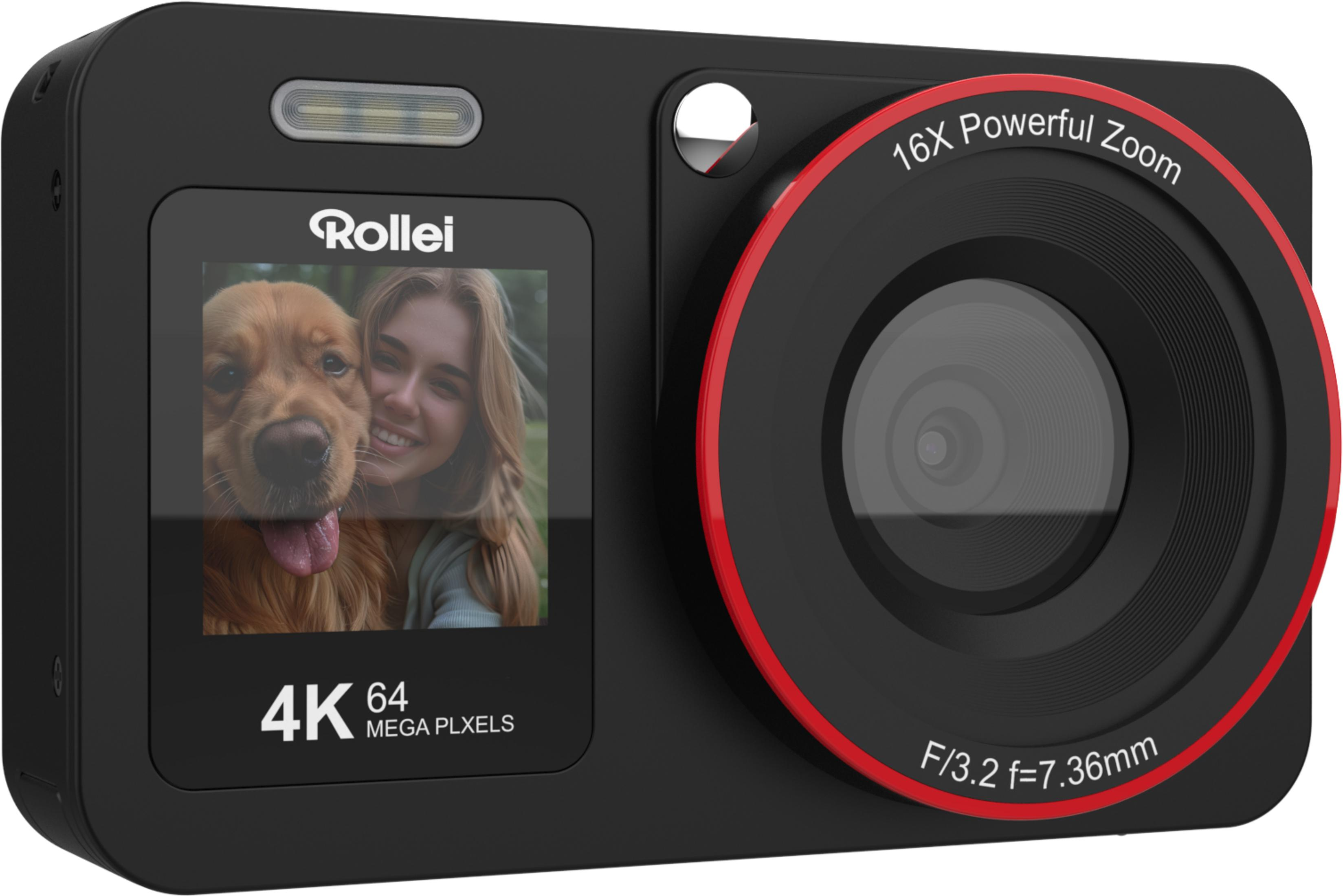 Fotocamera nera con zoom 16x, 4K, 64MP. Schermo mostra cane e donna.
