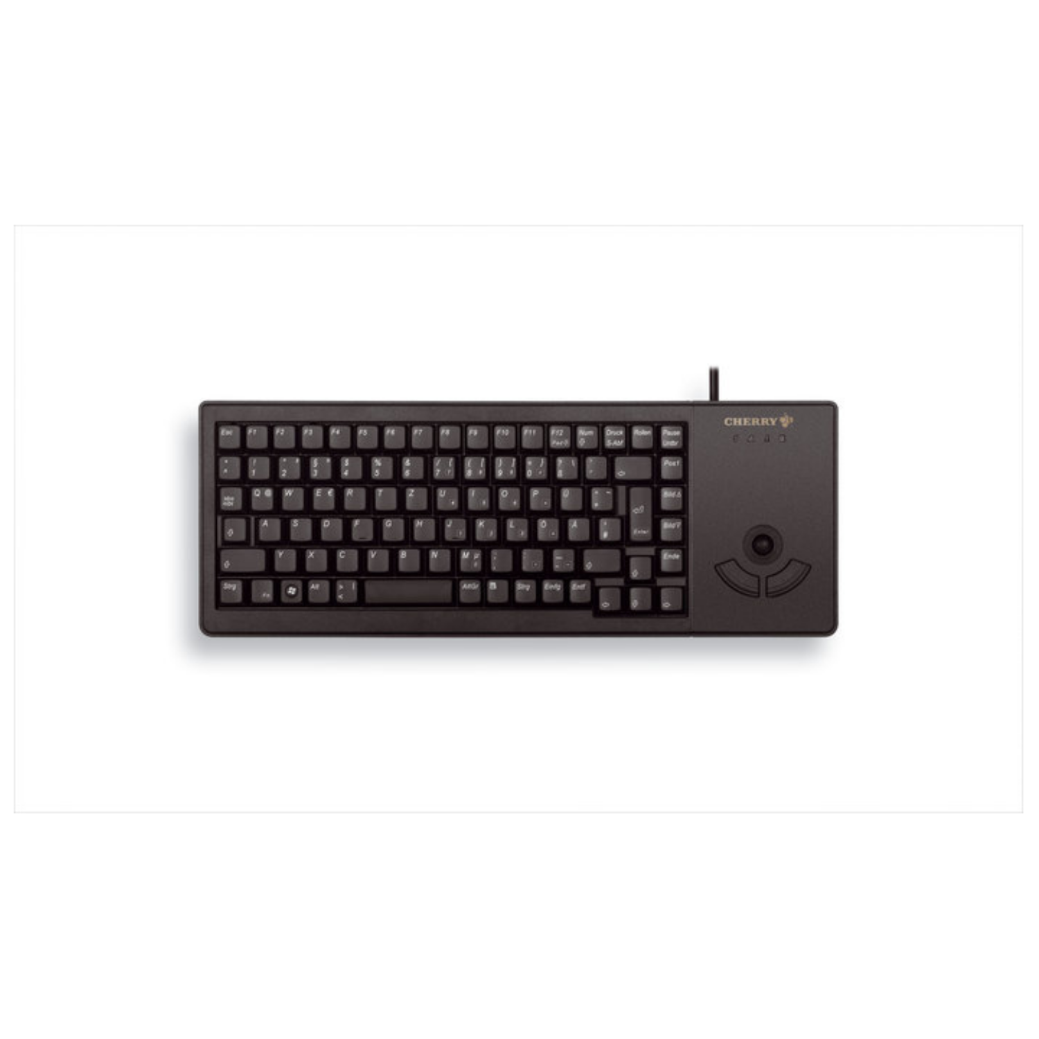 Tastiera nera con trackball e tasti tedeschi.
