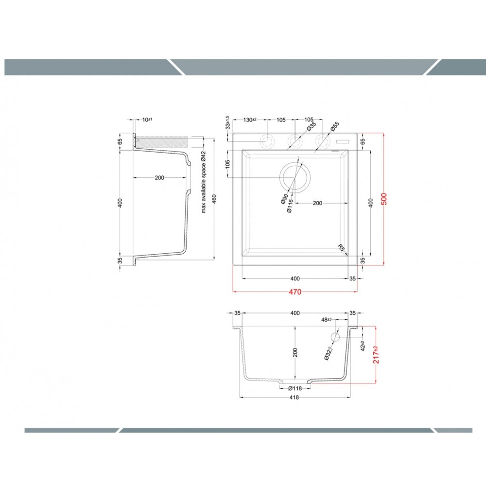 Disegno tecnico di un lavandino con dimensioni e viste dall'alto, laterale e frontale.