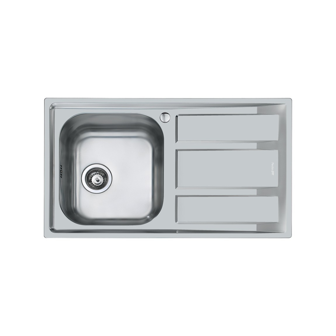 Lavello in acciaio inox con una vasca principale e tre aree di scarico.