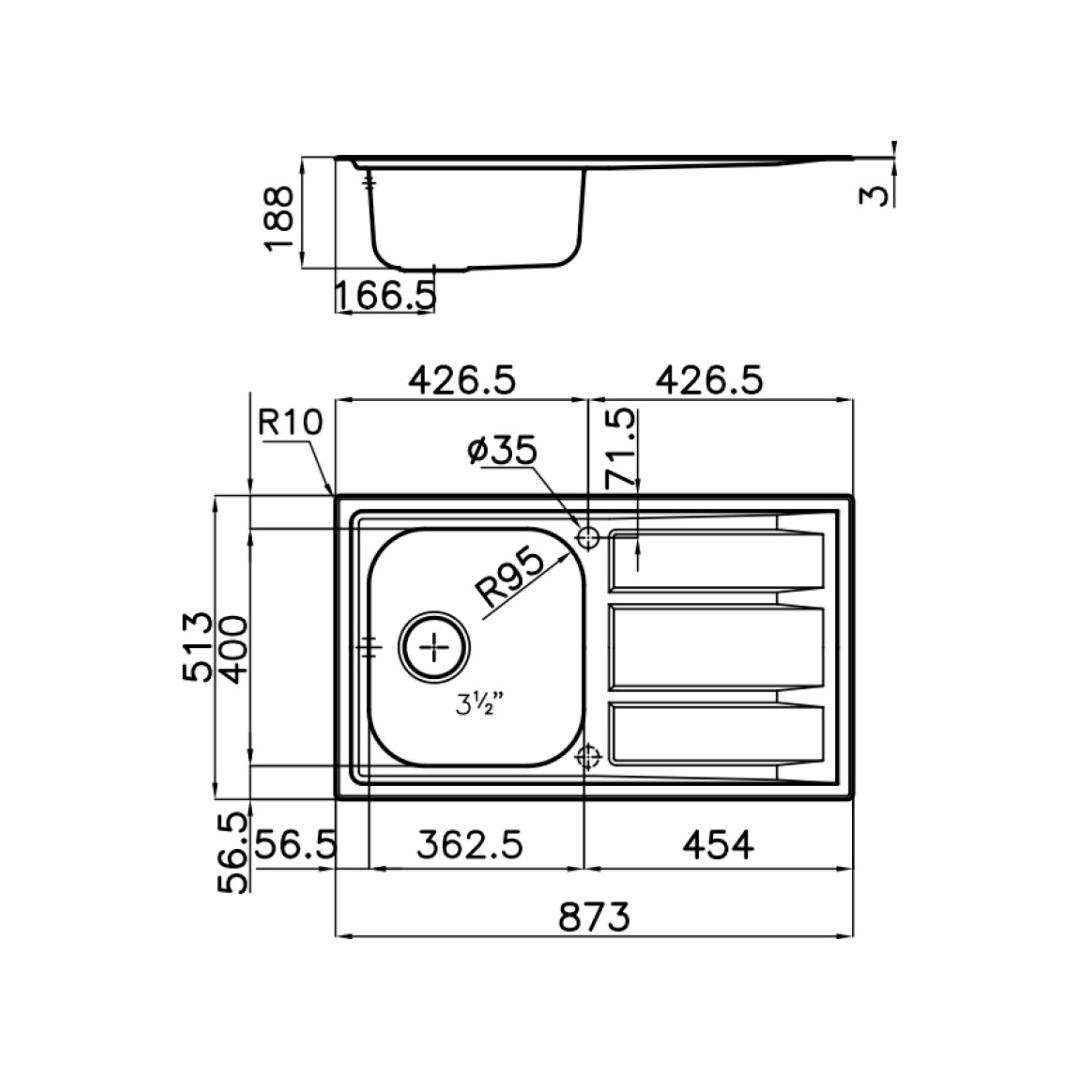 Disegno tecnico di un lavello con dimensioni e dettagli.
