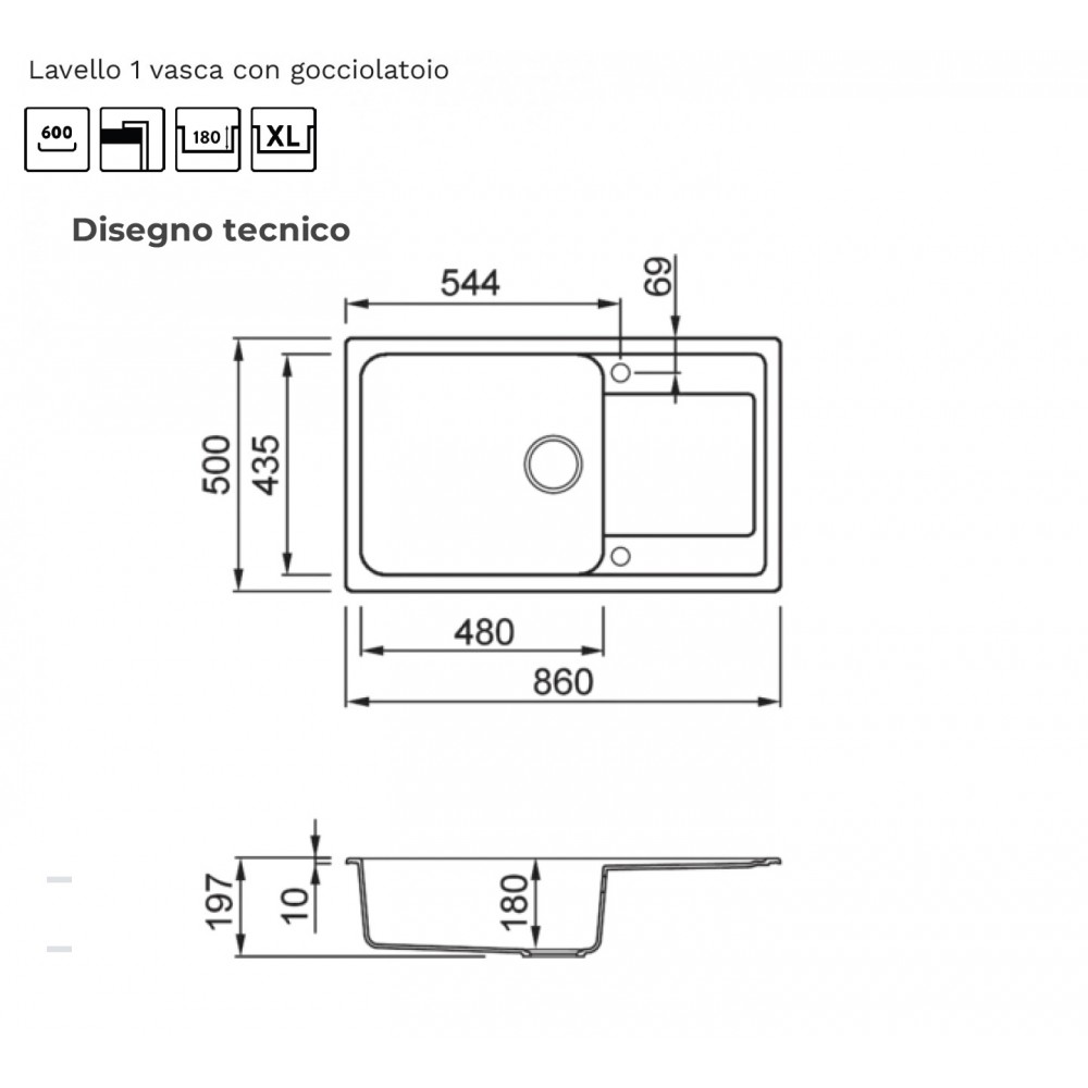 Disegno tecnico di un lavello con gocciolatoio, dimensioni 860x500mm.