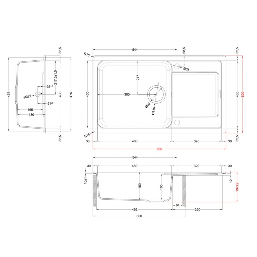 Disegno tecnico di un lavello con dimensioni e dettagli.