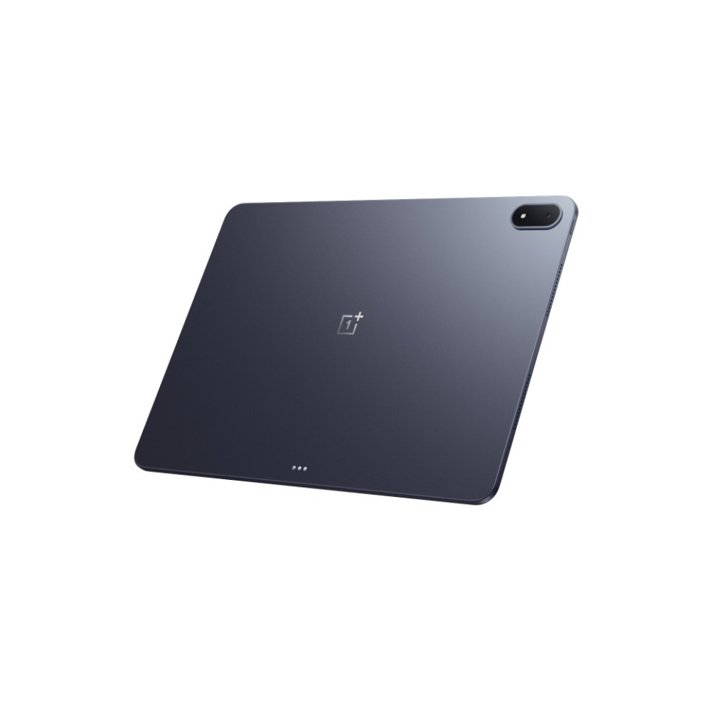 Ciemnoszare tablet z logo OnePlus i tylną kamerą. Białe tło.