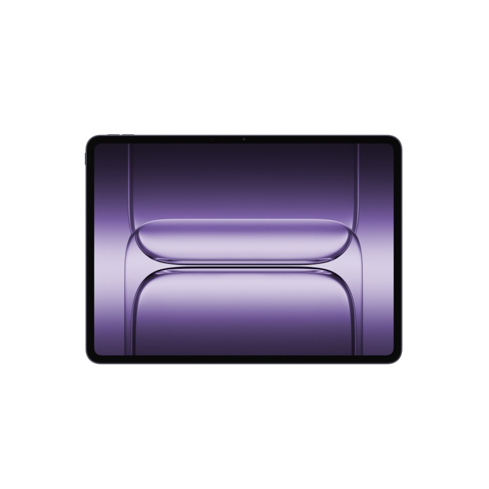 Czarny tablet z fioletowym abstrakcyjnym tłem na ekranie.