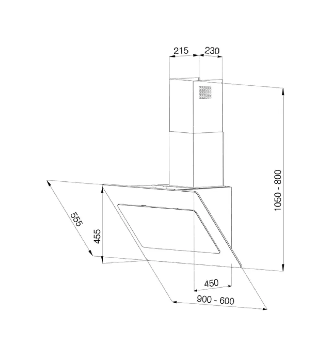 Disegno tecnico di una cappa da cucina con dimensioni.