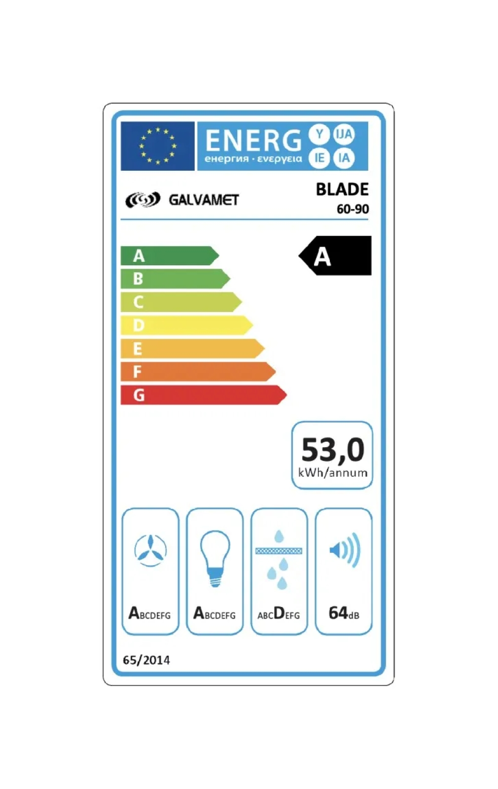 Etichetta energetica per BLADE 60-90. Classe A, 53,0 kWh/anno. Livello sonoro 64dB.
