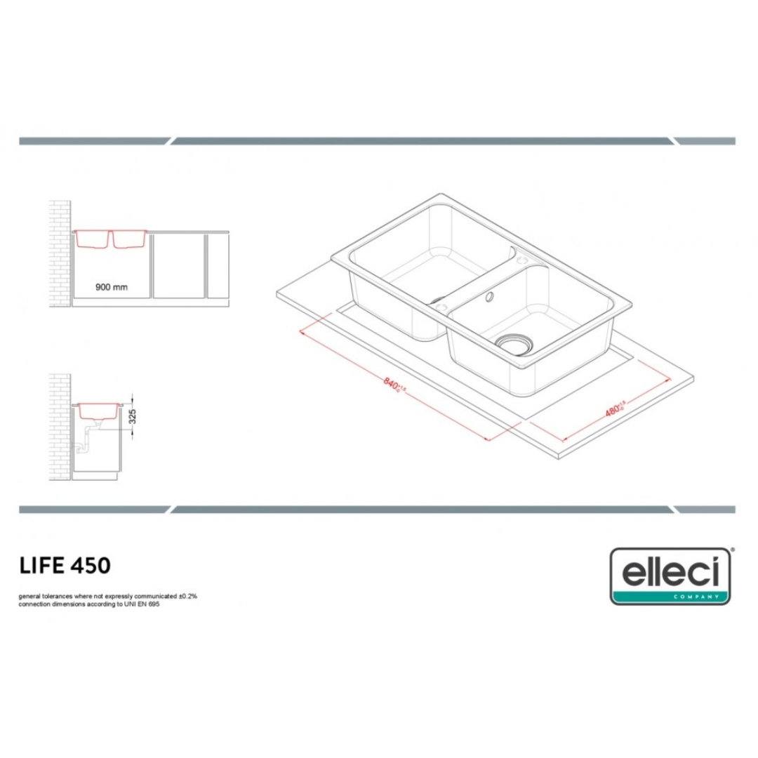 Doppio lavello dimensioni 840x480x325mm, ingombro 900mm.
