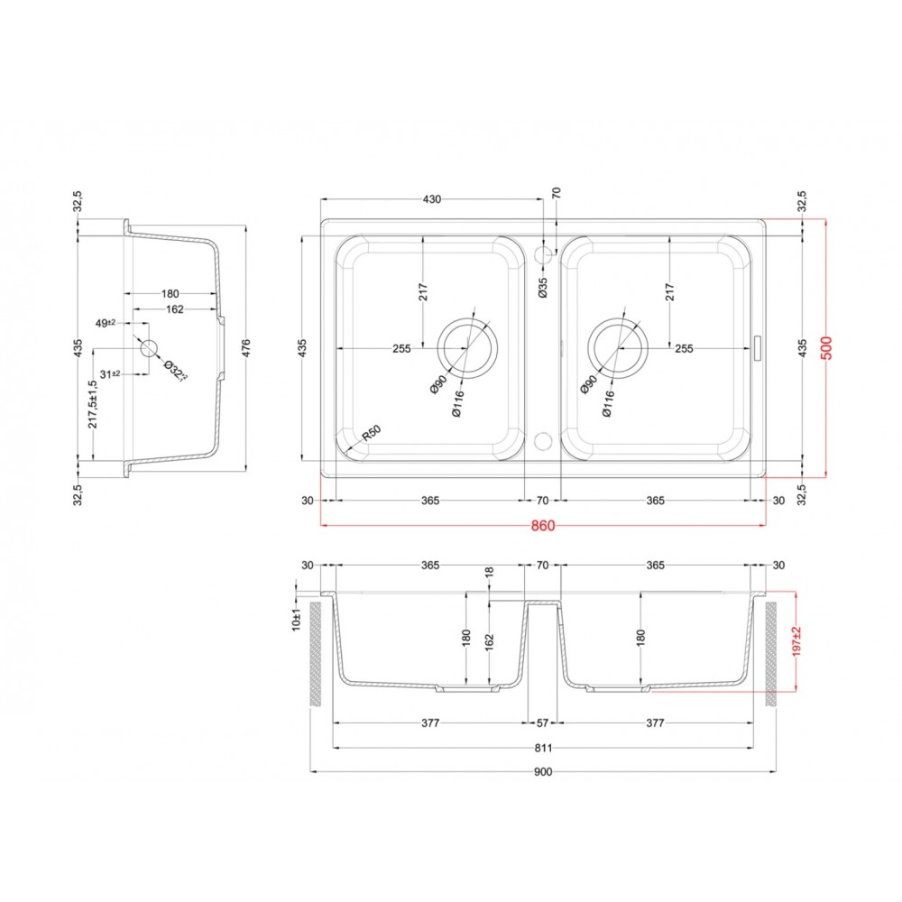 Disegno tecnico di un lavello doppio con dimensioni e dettagli.