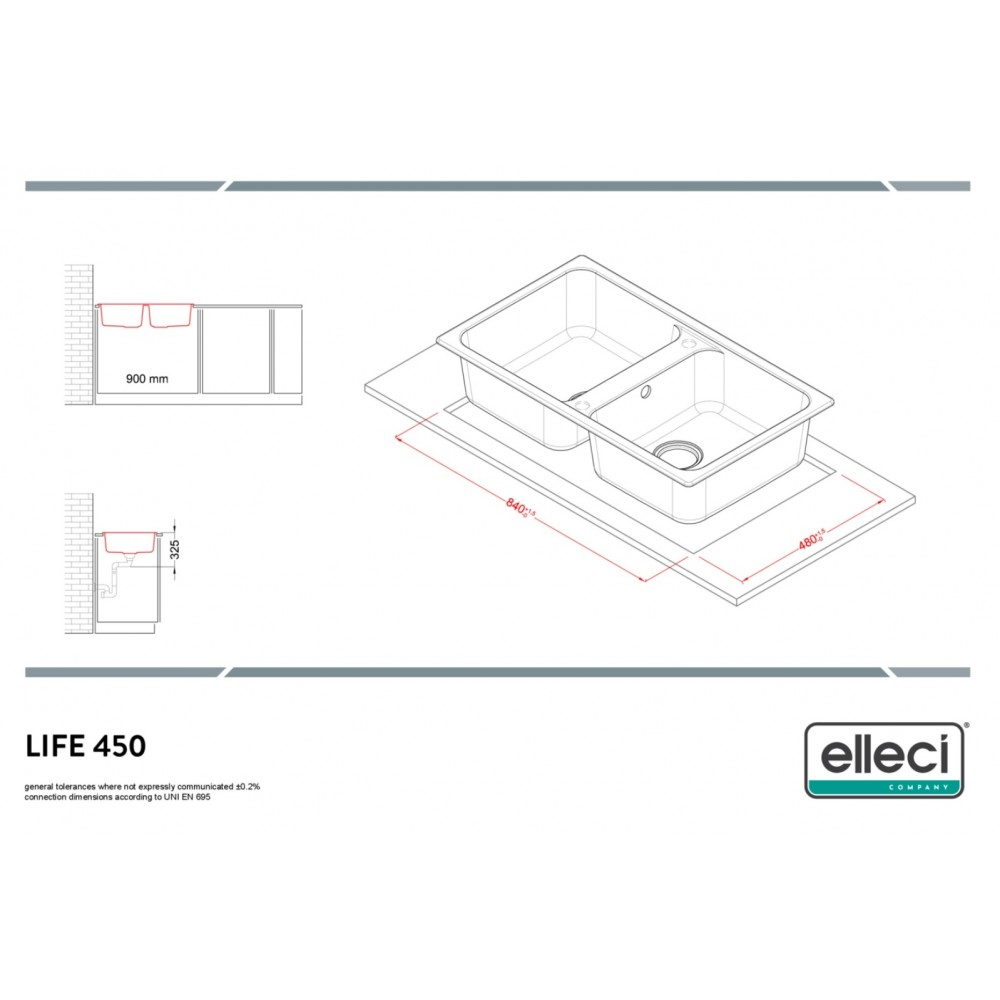 Disegno tecnico di un lavello doppio con dimensioni 840x480mm e larghezza 900mm.