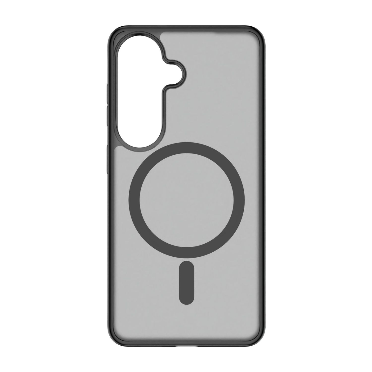 Funda de teléfono transparente con borde negro y anillo magnético.
