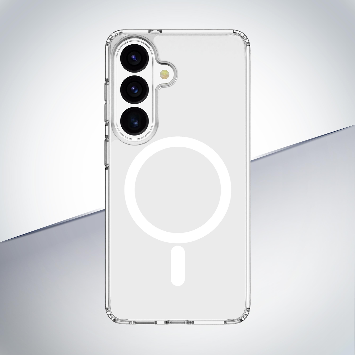 Custodia trasparente per telefono con tre fotocamere e cerchio magnetico.