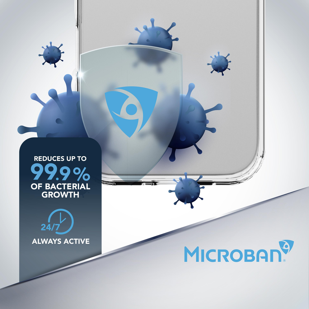 Logo Microban con scudo contro virus blu. Riduce crescita batterica 99,9%.