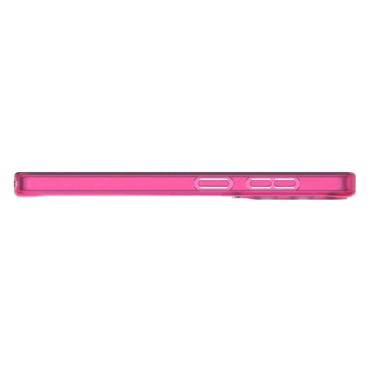 Eine durchscheinende, pinke Handyhülle mit seitlichen Tasten. Weißer Hintergrund.