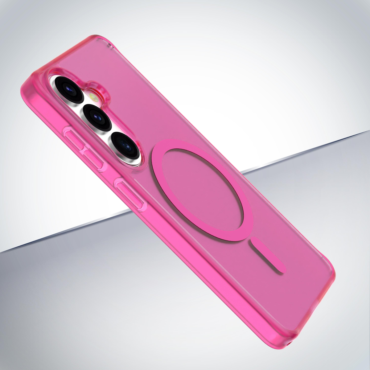 Eine durchsichtige rosa Handyhülle mit MagSafe-Ring und Kameras.