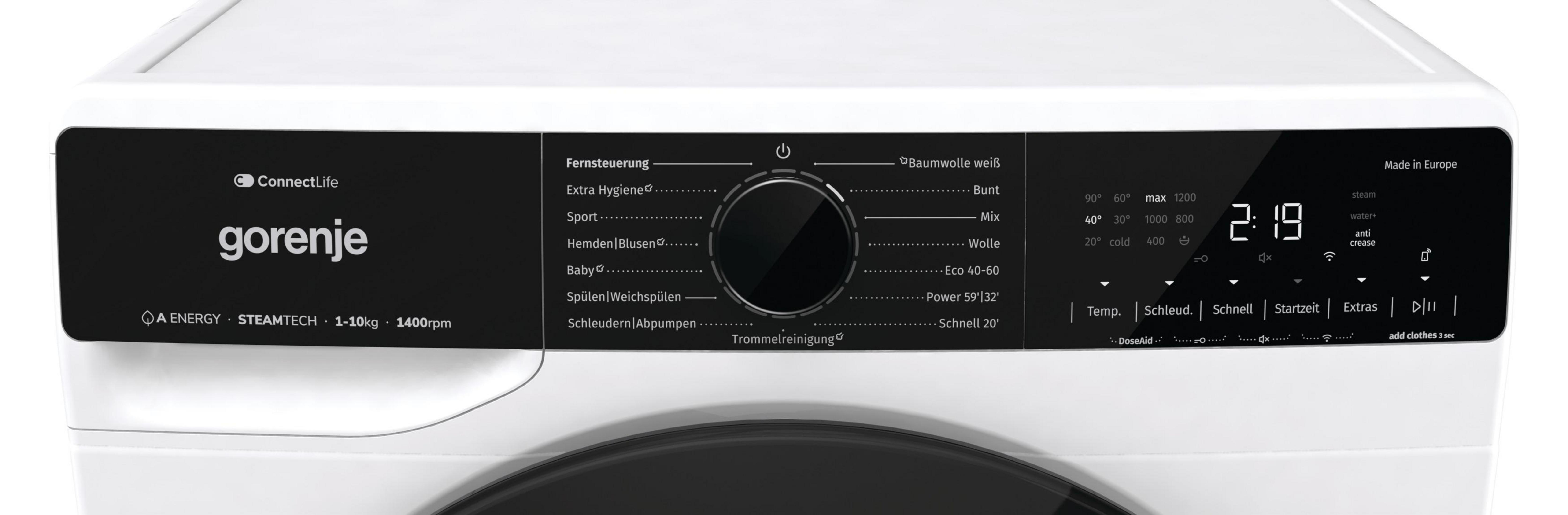 Bedienfeld einer weißen Gorenje Waschmaschine mit Programmwahl und Digitalanzeige.