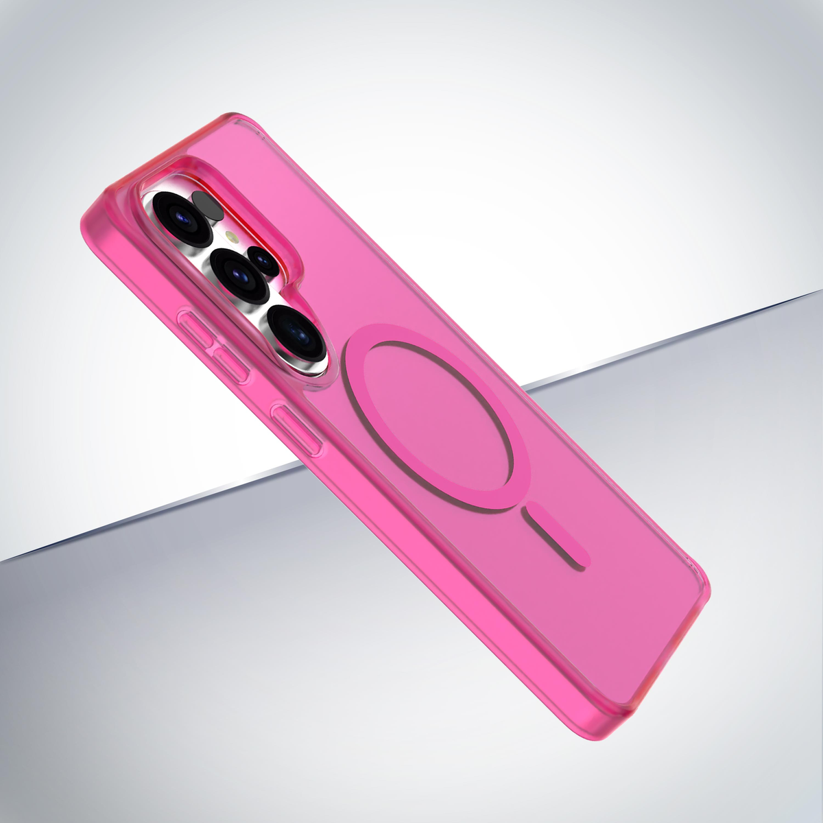Una cover rosa trasparente per telefono con anello magnetico e lenti.