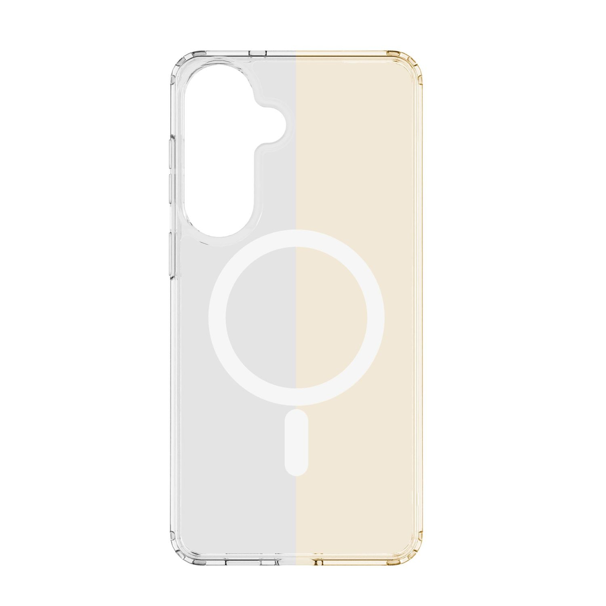 Custodia trasparente per telefono con anello MagSafe su sfondo bianco/beige.
