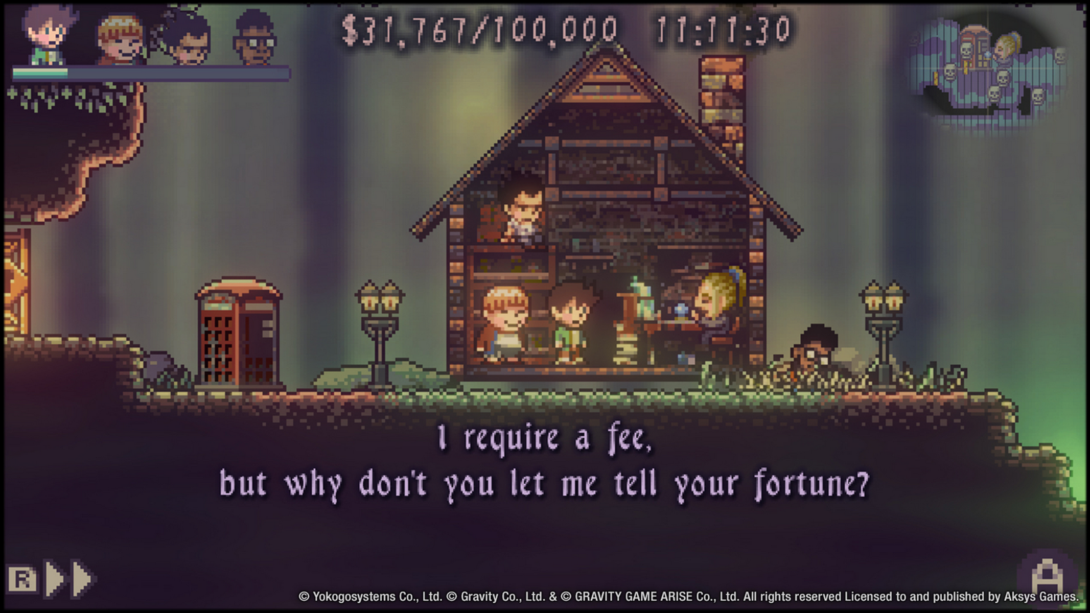 Escena de pixel art: Casa con figuras, cabina telefónica, lámpara. Texto: Requiero una tarifa.