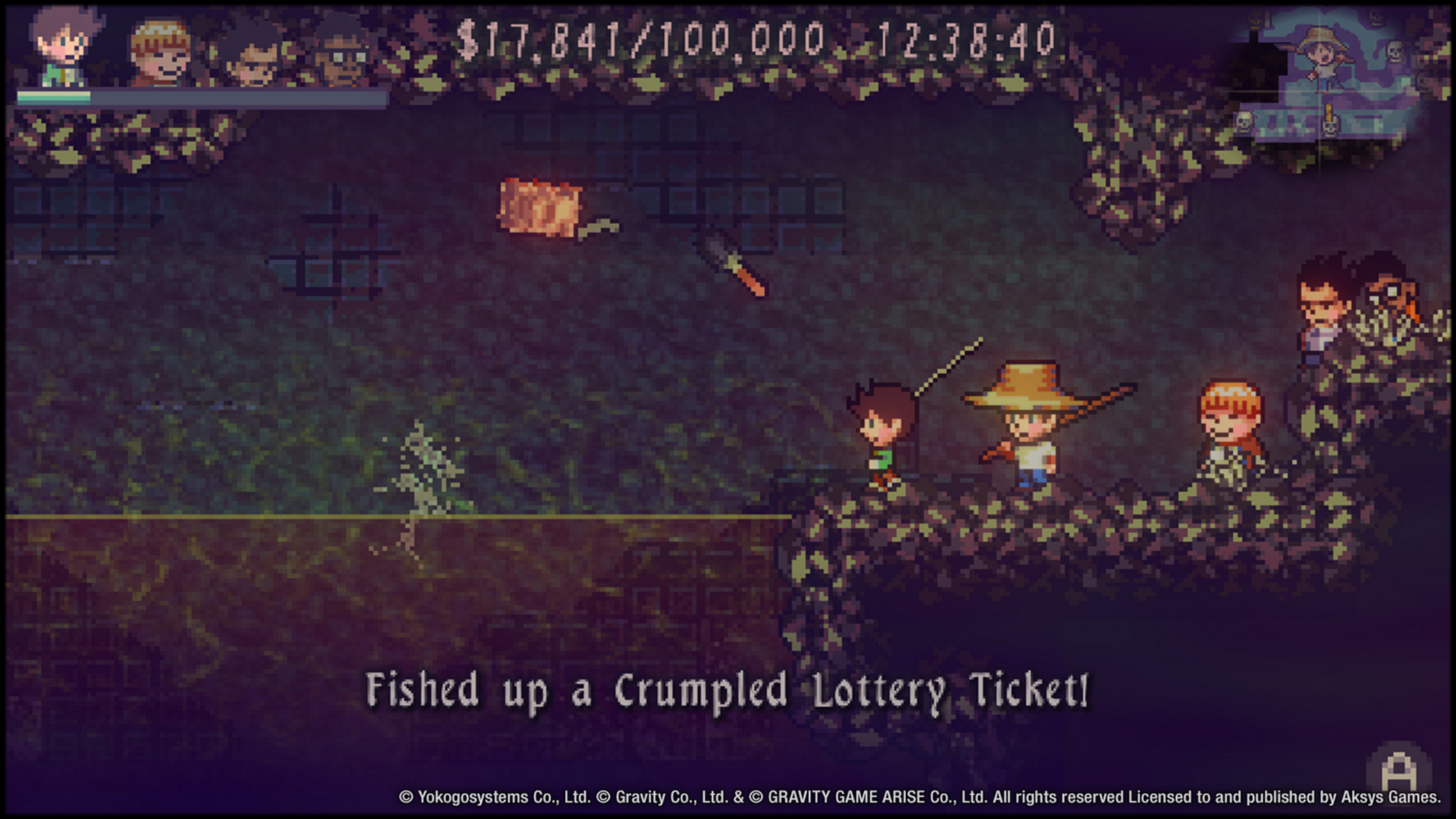 Personajes pixelados pescando en una cueva oscura. Un jugador ha pescado un billete de lotería.