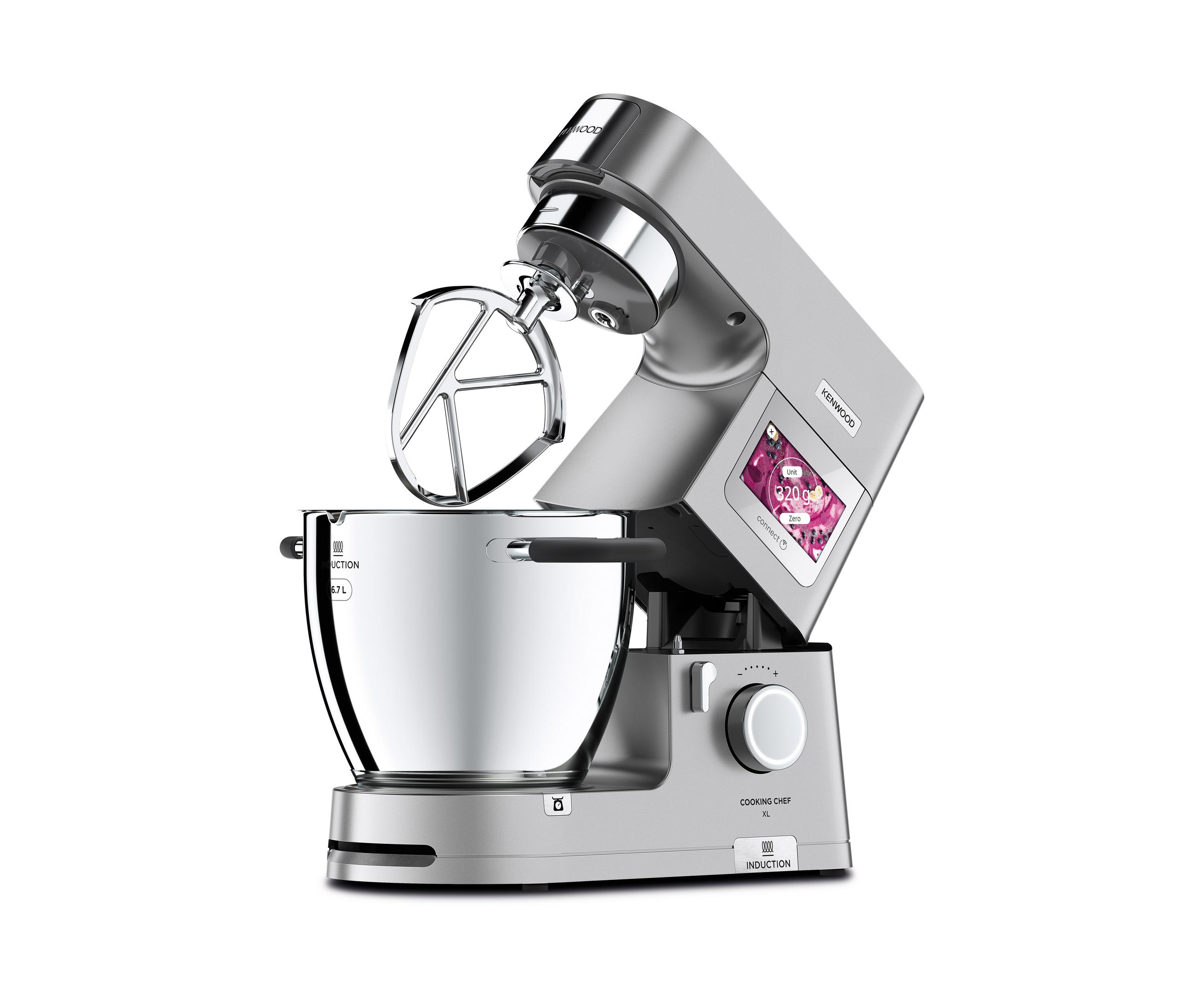 Silberner Küchenmaschinen-Mixer mit Schüssel und Touchscreen.