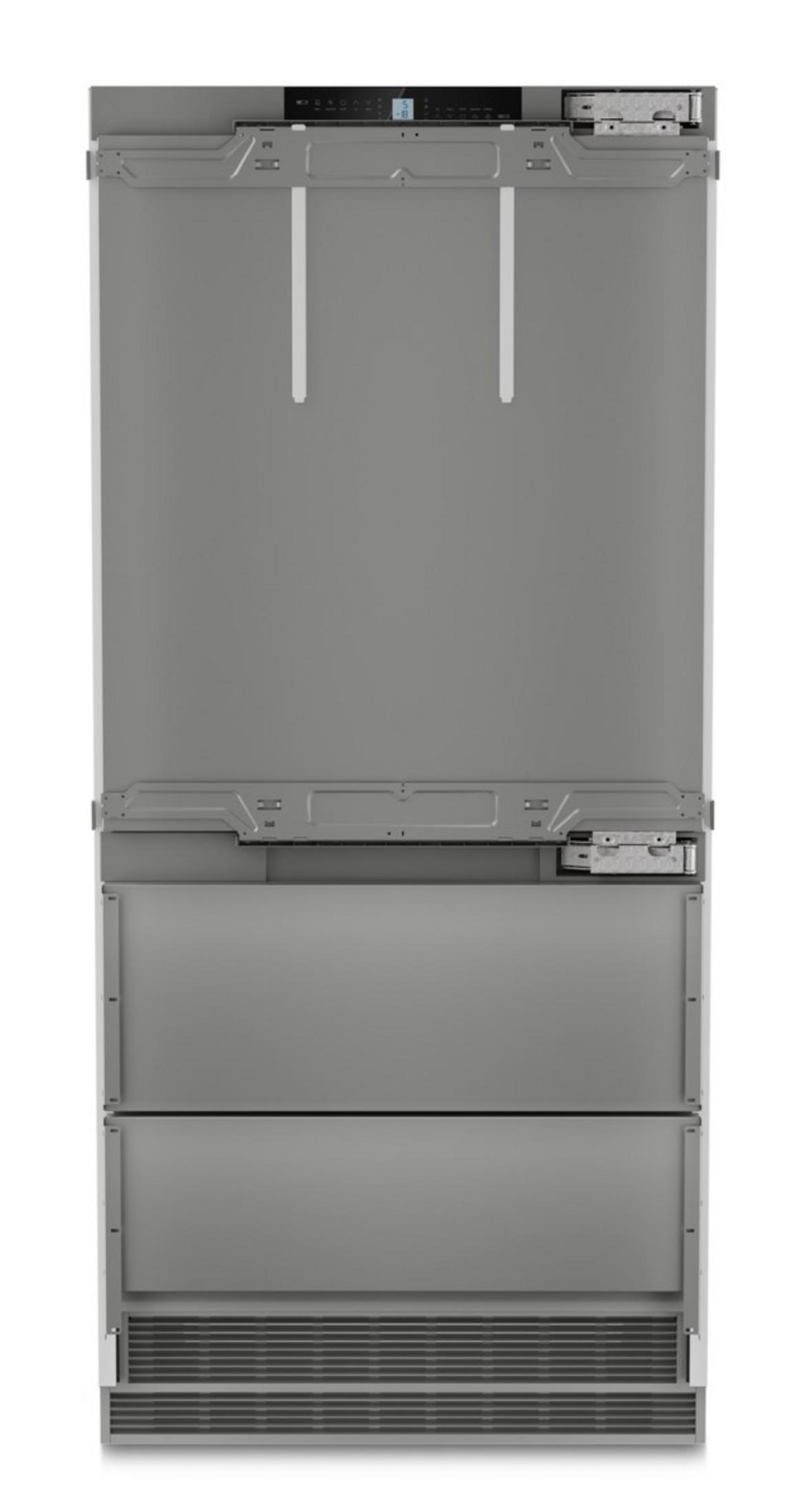 Refrigerador gris con pantalla digital arriba y dos cajones debajo.