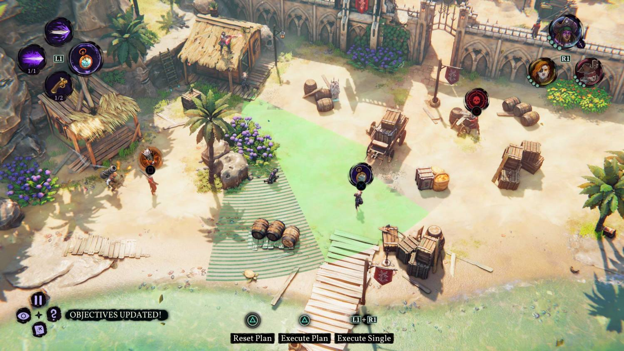 Pirati su un'isola tropicale con capanne, barili e carretti.